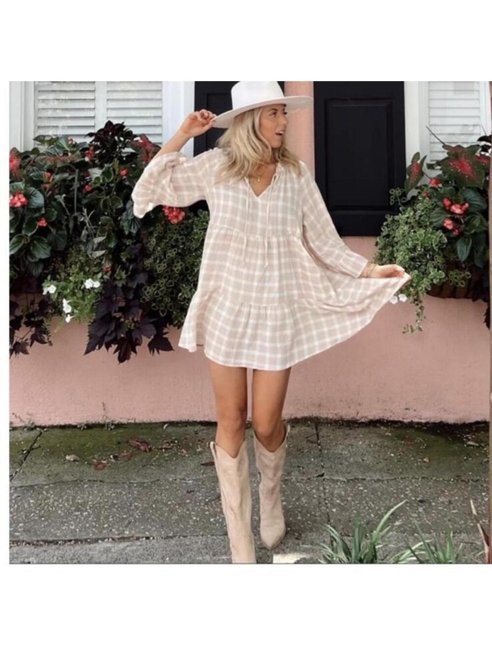 NWT Show Me Your MuMu Viola Plaid Bell Sleeve Mini Dress Beige/ Cream Women’s XS - Picture 13 of 15